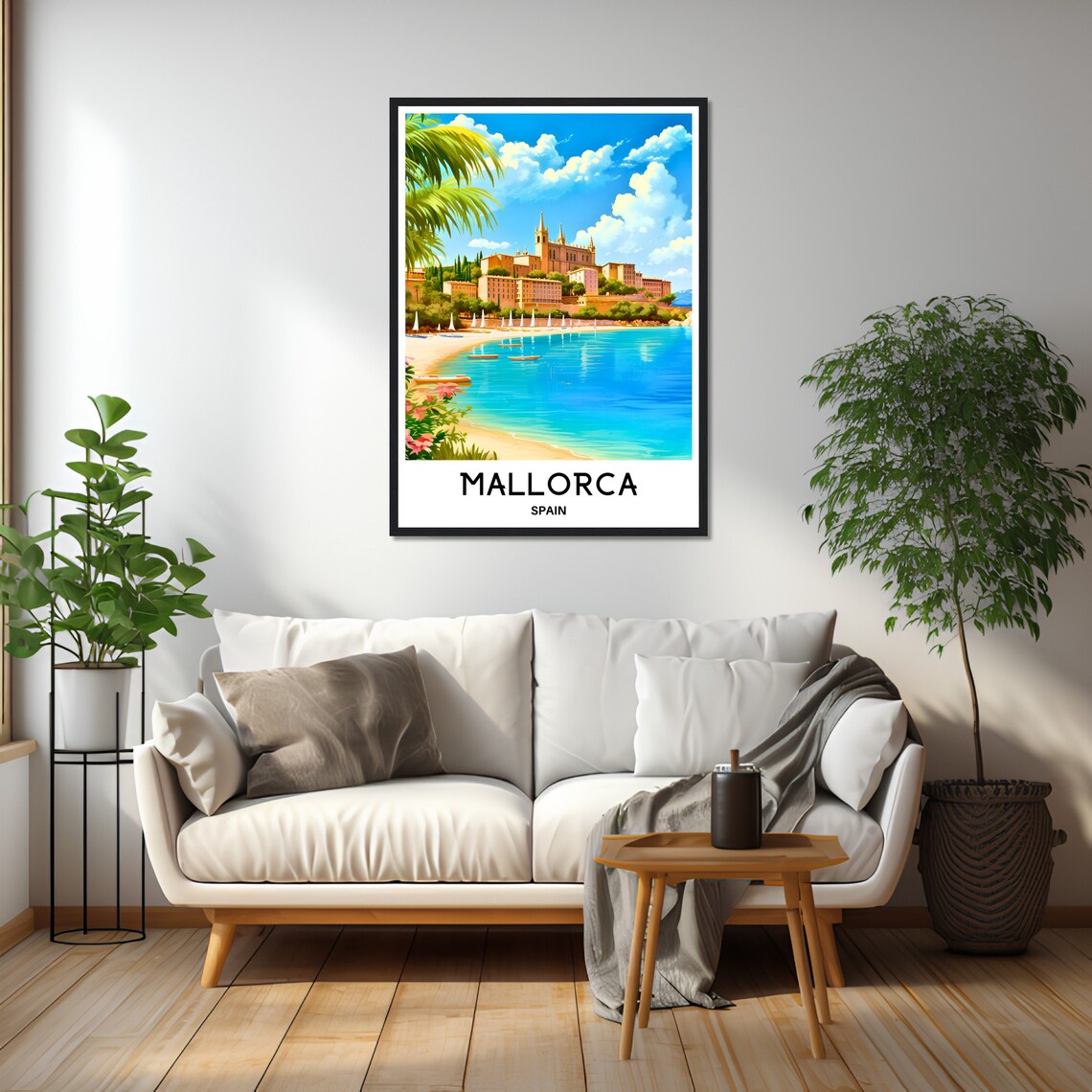 Mallorca Spain Palma Cathedral and Beach Waterfront Travel Art Poster - Image 2