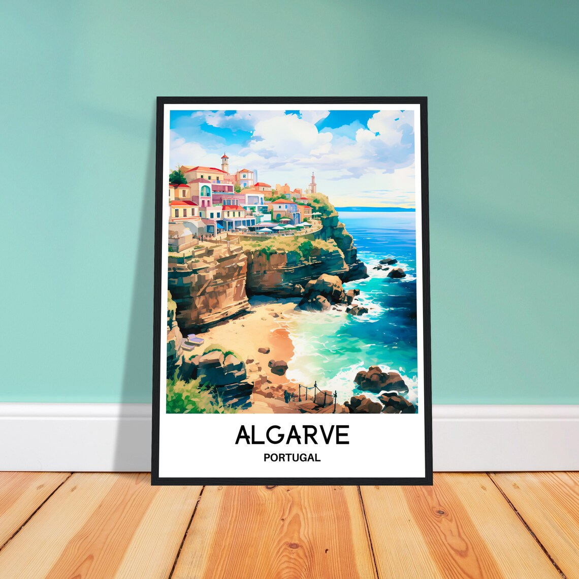 Algarve Portugal Golden Cliffside Beach Town Ocean Watercolor Poster - Image 2