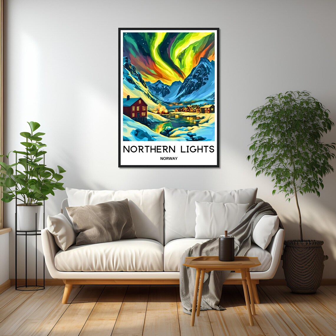Northern Lights Norway Red Cabins Fjord Night Vintage Travel Poster - Image 3