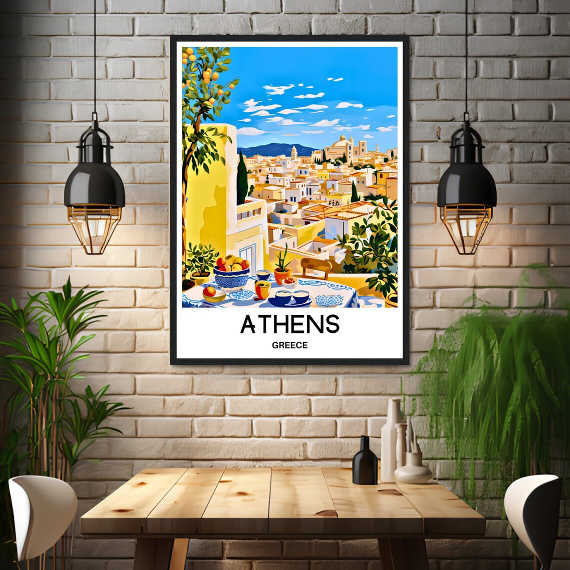 Athens Greece Travel Poster Sunny Terrace Over White City Hills - Image 3