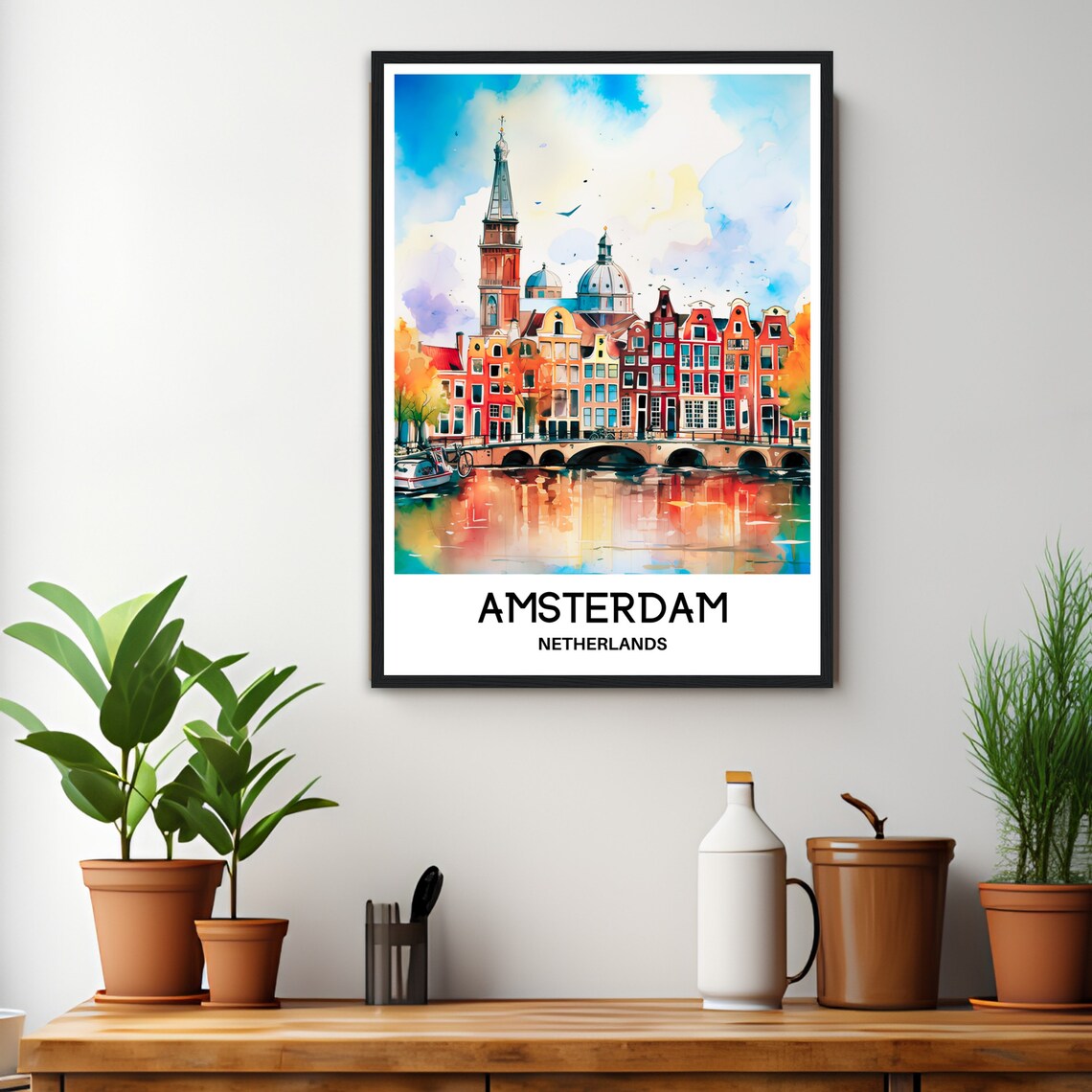 Amsterdam Netherlands Colorful Canal Houses Watercolor Travel Poster - Image 2