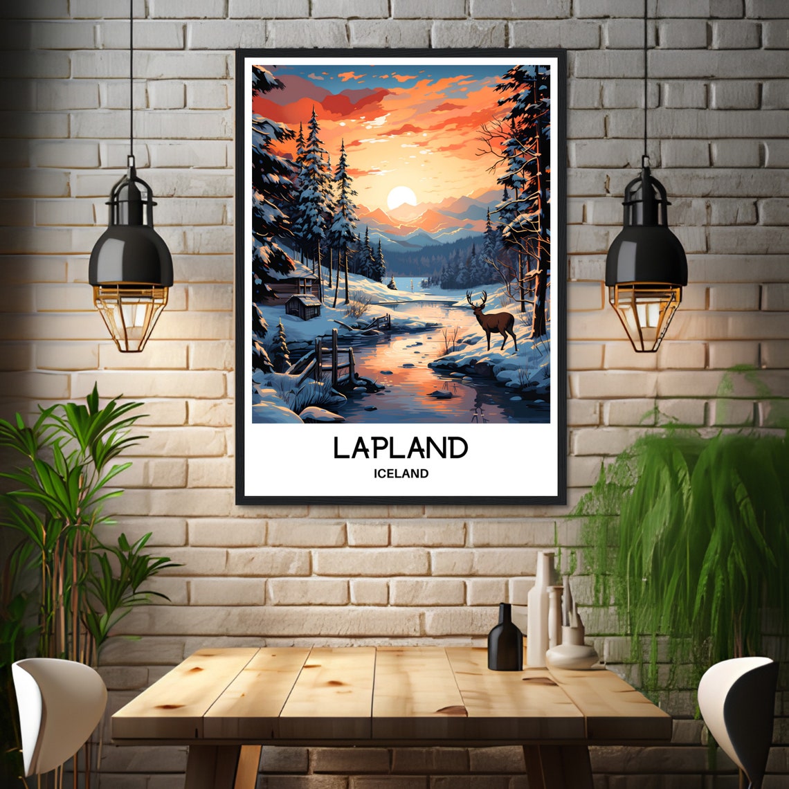 Lapland Iceland Snowy Forest Deer Sunset Winter Travel Poster - Image 3