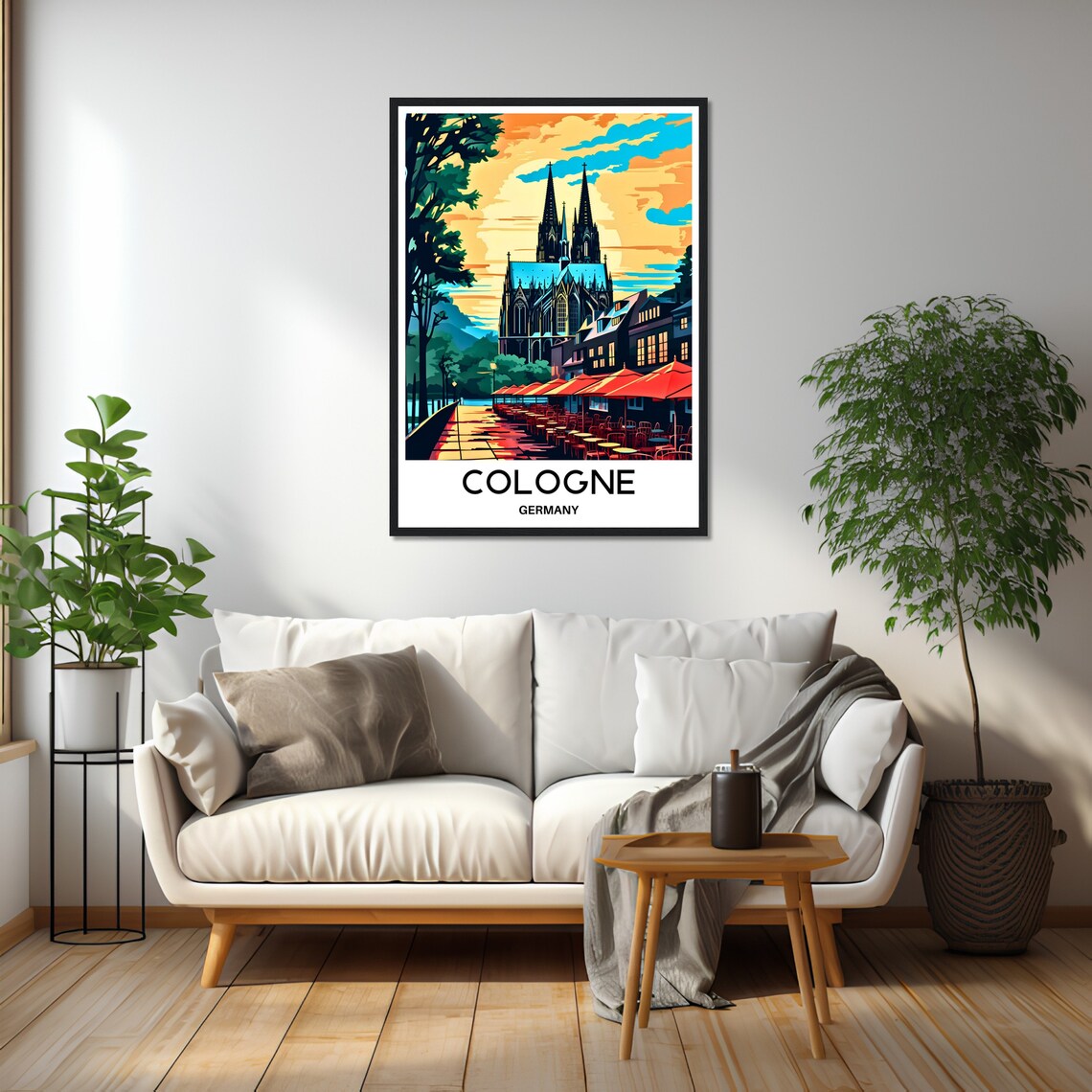 Cologne Germany Cathedral at Sunset by Riverside Cafes Poster - Image 2