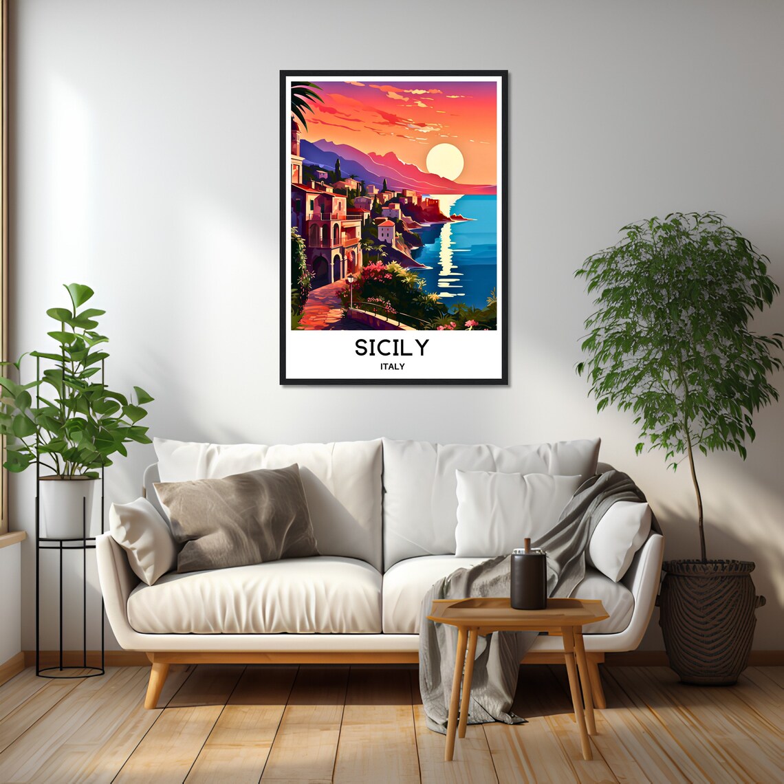 Sicily Italy Coastal Town At Sunset Warm Tones Vintage Poster - Image 3