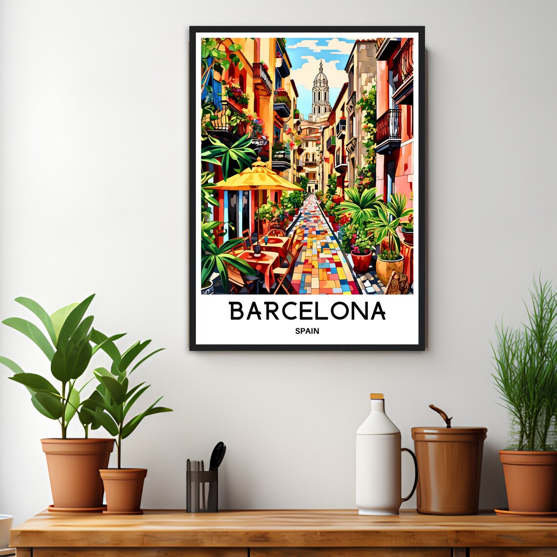 Barcelona Spain Old Town Street Colourful Mosaic Tiles Travel Poster - Image 2