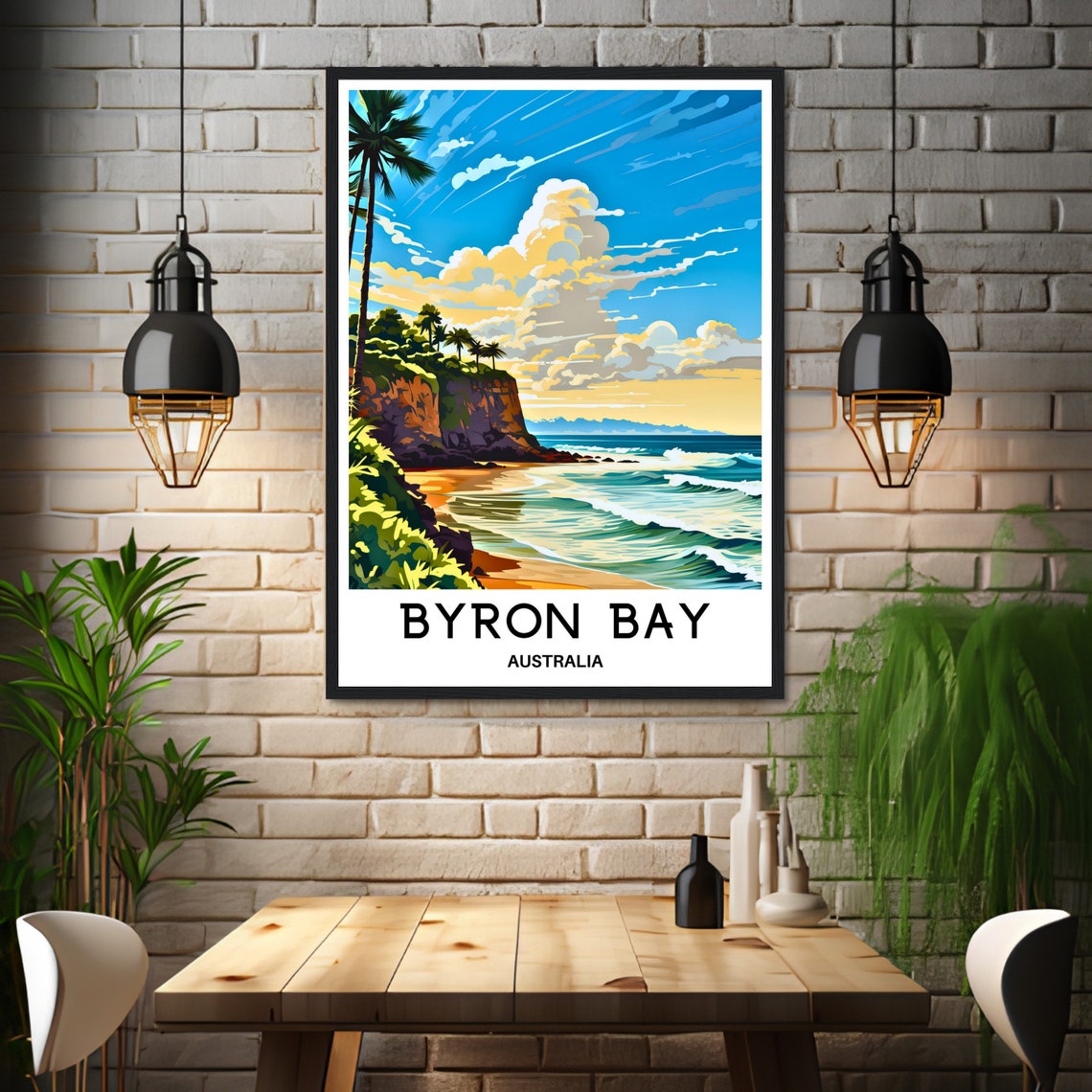 Byron Bay Cliff Beach With Palm Trees and Rolling Surf Travel Poster - Image 3