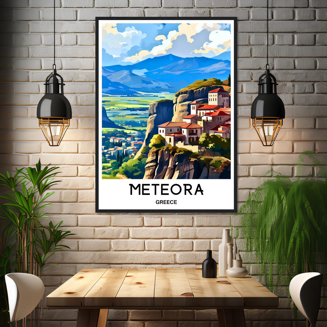 Meteora Greece Cliff Top Monastery Valley Dramatic Illustration Poster - Image 3