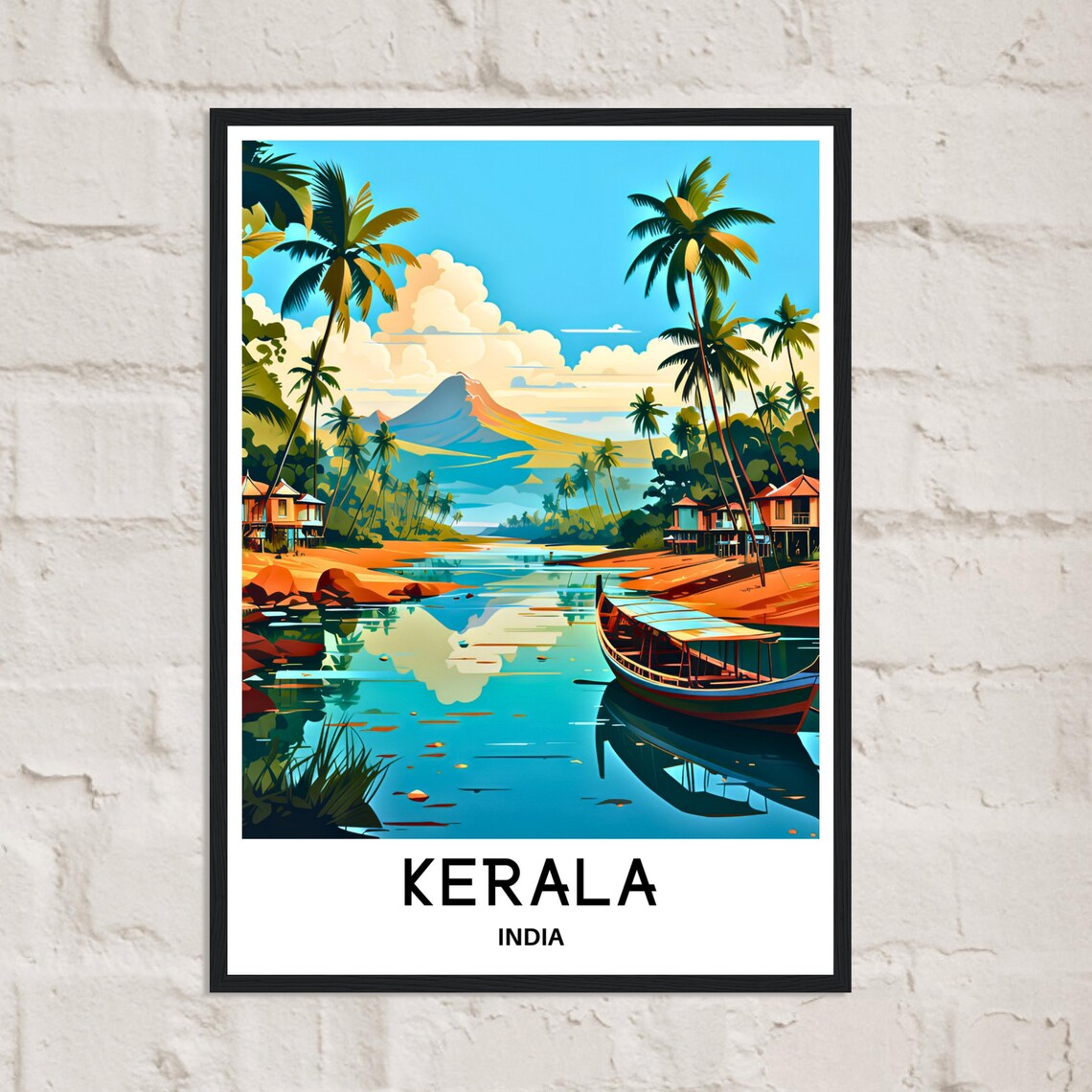 Kerala India Travel Poster of the Backwaters with Palms and a Boat - Image 3