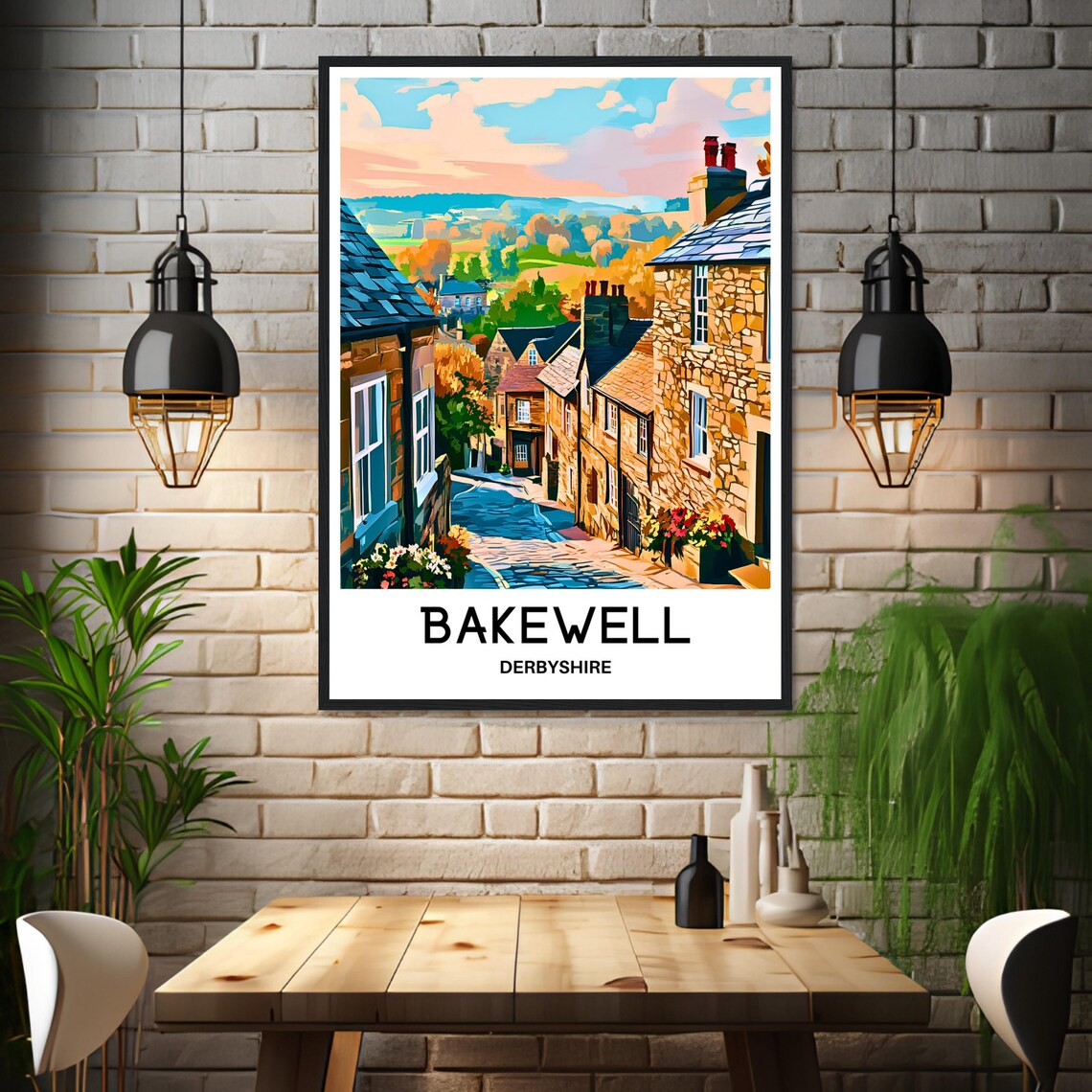 Bakewell Derbyshire Stone Cottage Street Sunset Travel Poster - Image 3