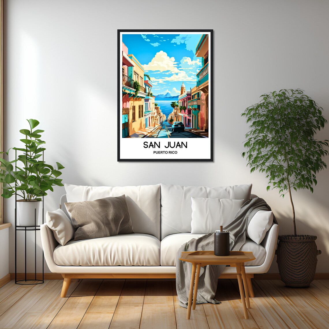 San Juan Puerto Rico Colorful Old Street Sloping to Sea Poster - Image 2