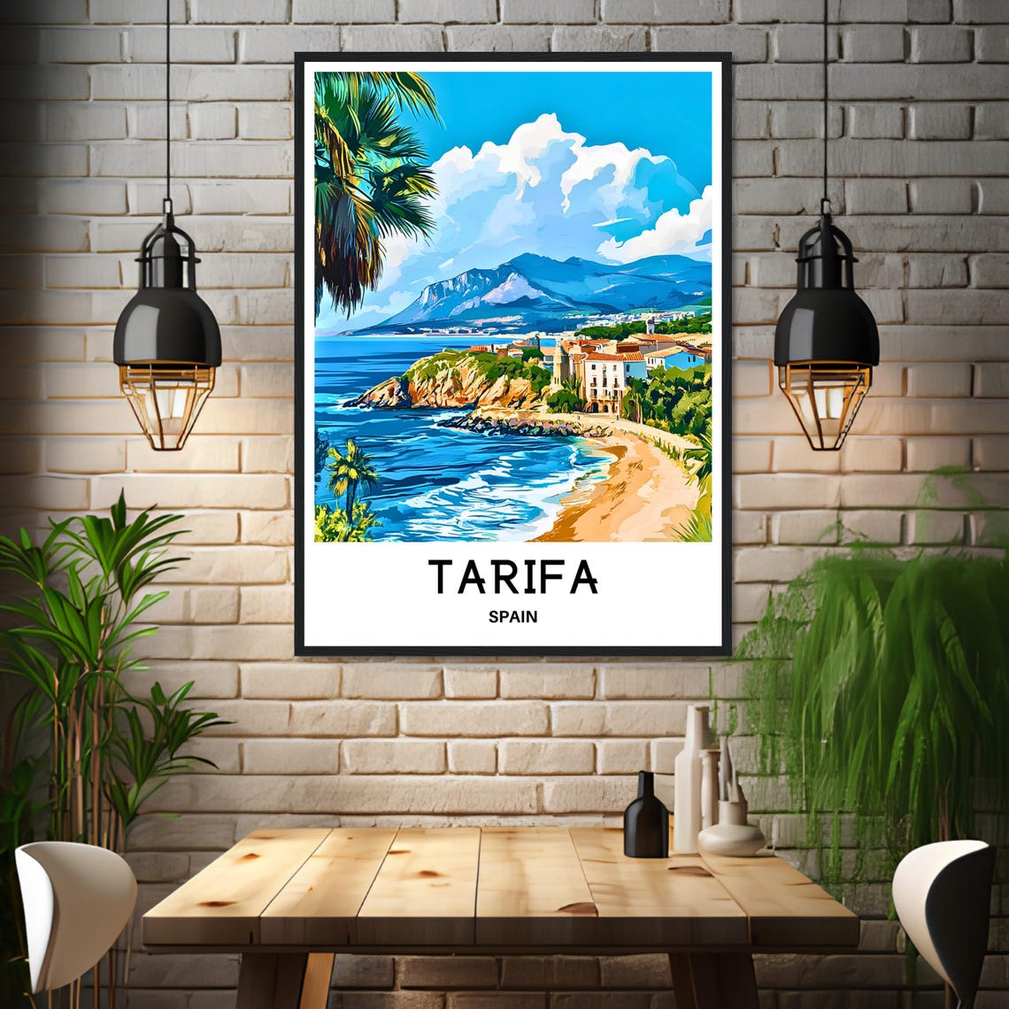 Tarifa Spain Coastal Beach with Palm Trees and Cliffs Poster - Image 3