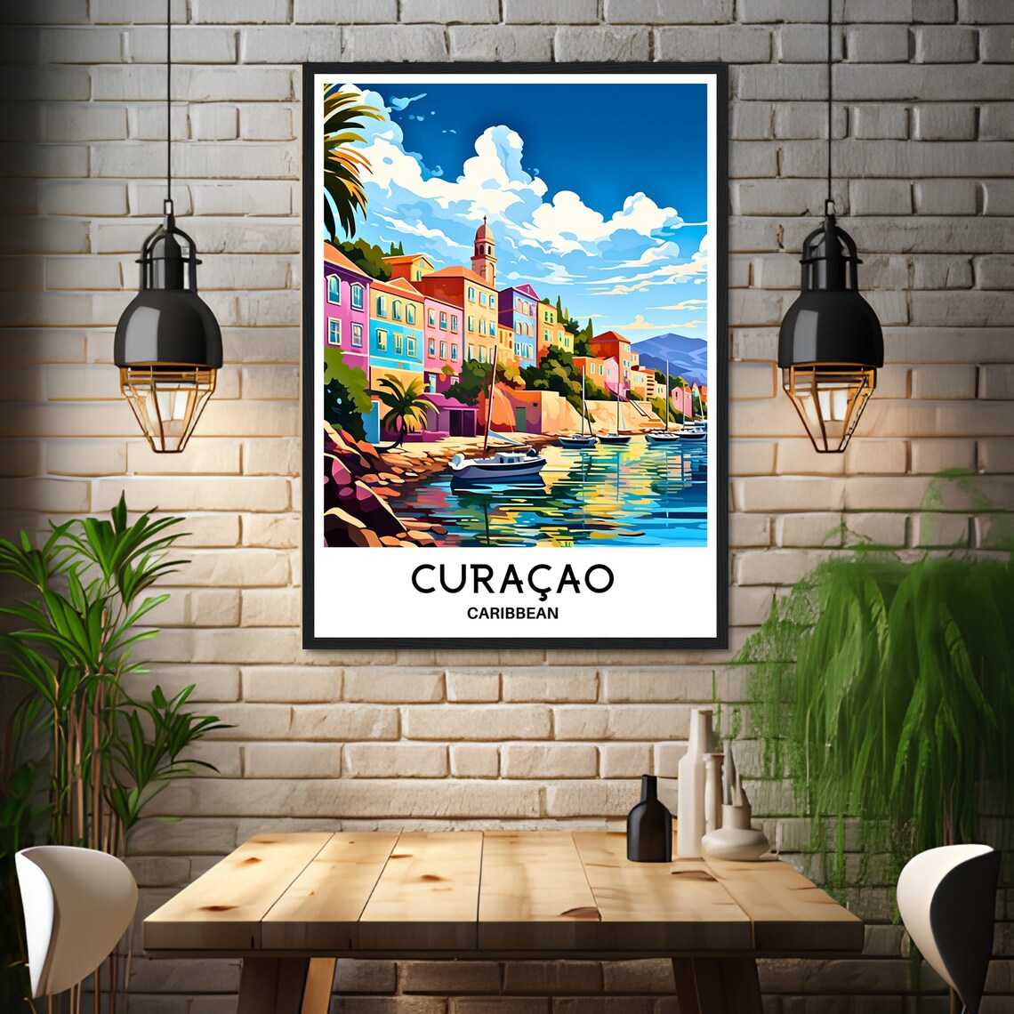 Curacao Caribbean Harbor Colorful Travel Illustration Poster - Image 3
