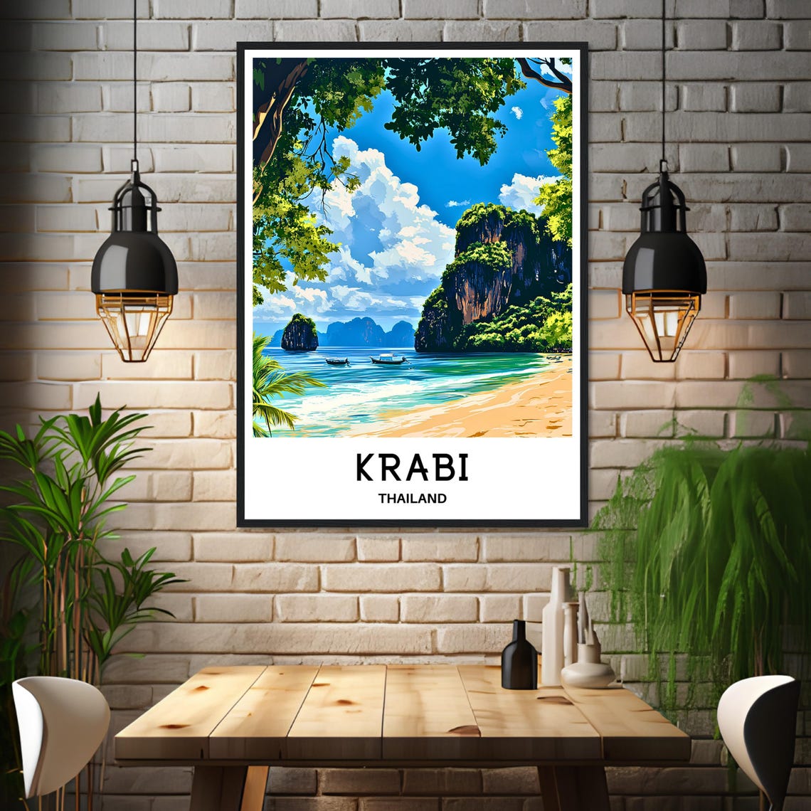 Krabi Thailand Limestone Cliffs And Longtail Boats Beach Poster - Image 3