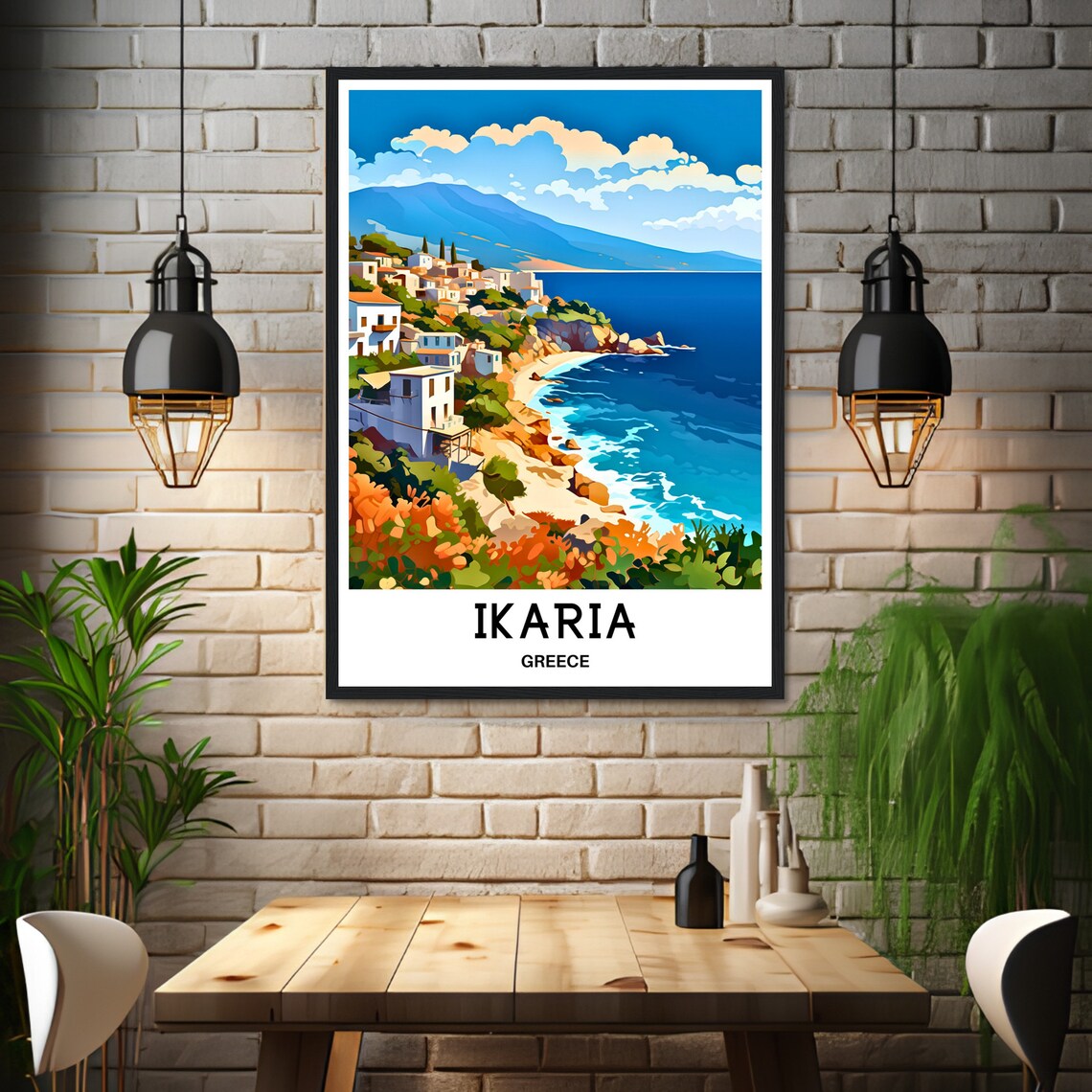 Ikaria Greece Travel Poster White Coastal Village Turquoise Sea - Image 3