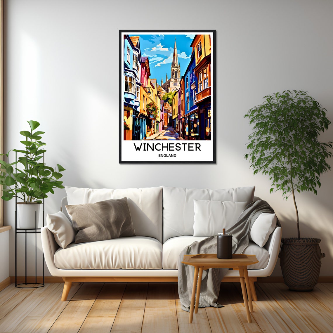 Winchester Cathedral Spire Over Colorful Old Town Street Poster - Image 2