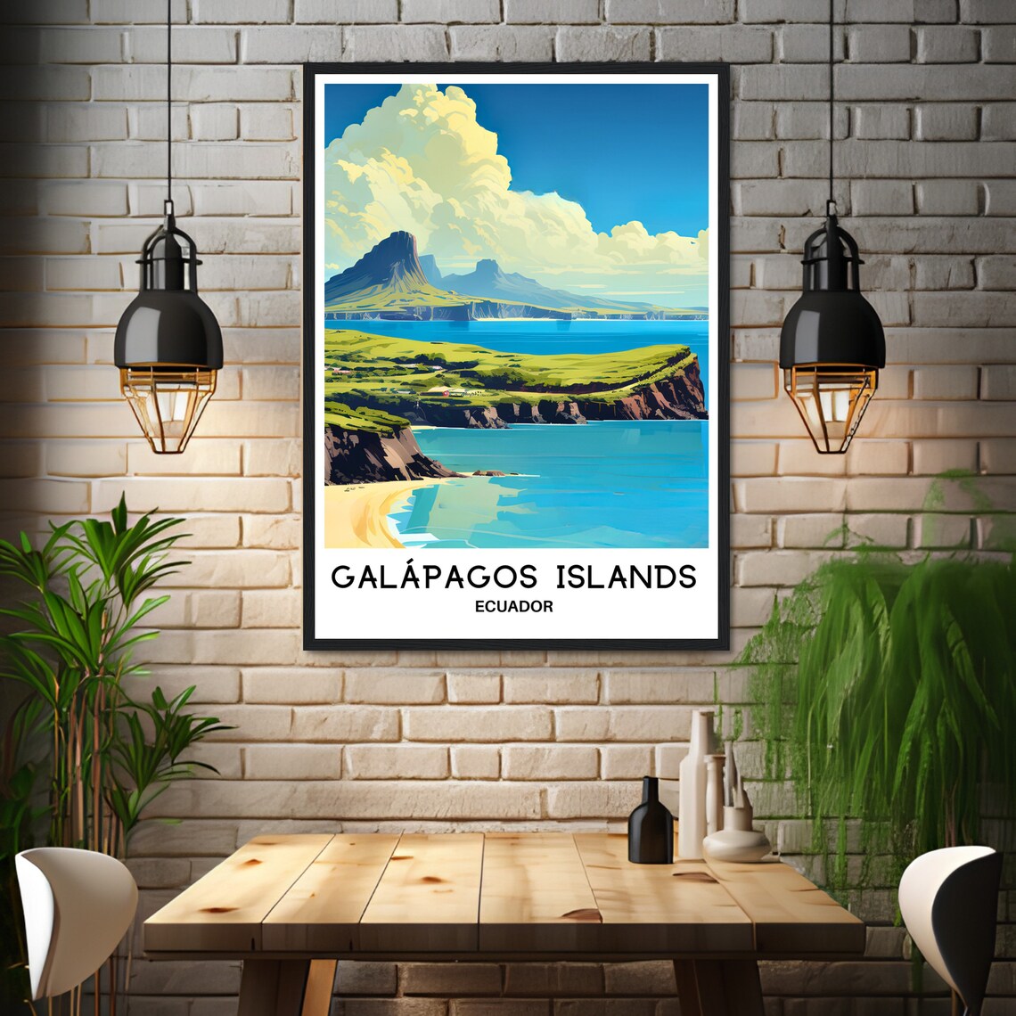 Galapagos Islands Ecuador Volcanic Cliffs Turquoise Coast Travel Poster - Image 3