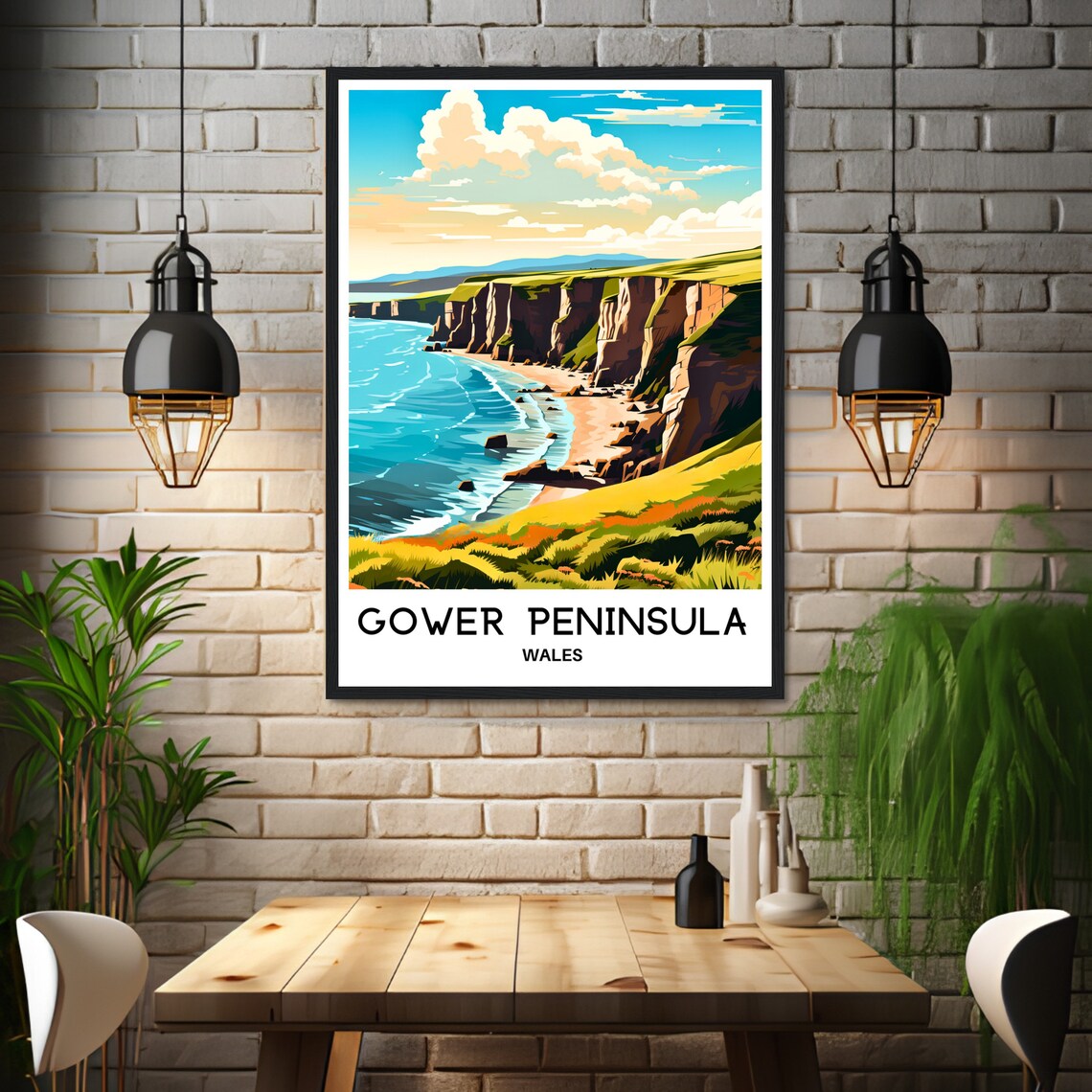 Gower Peninsula Sea Cliffs Golden Sandy Beach Wales Travel Poster - Image 3