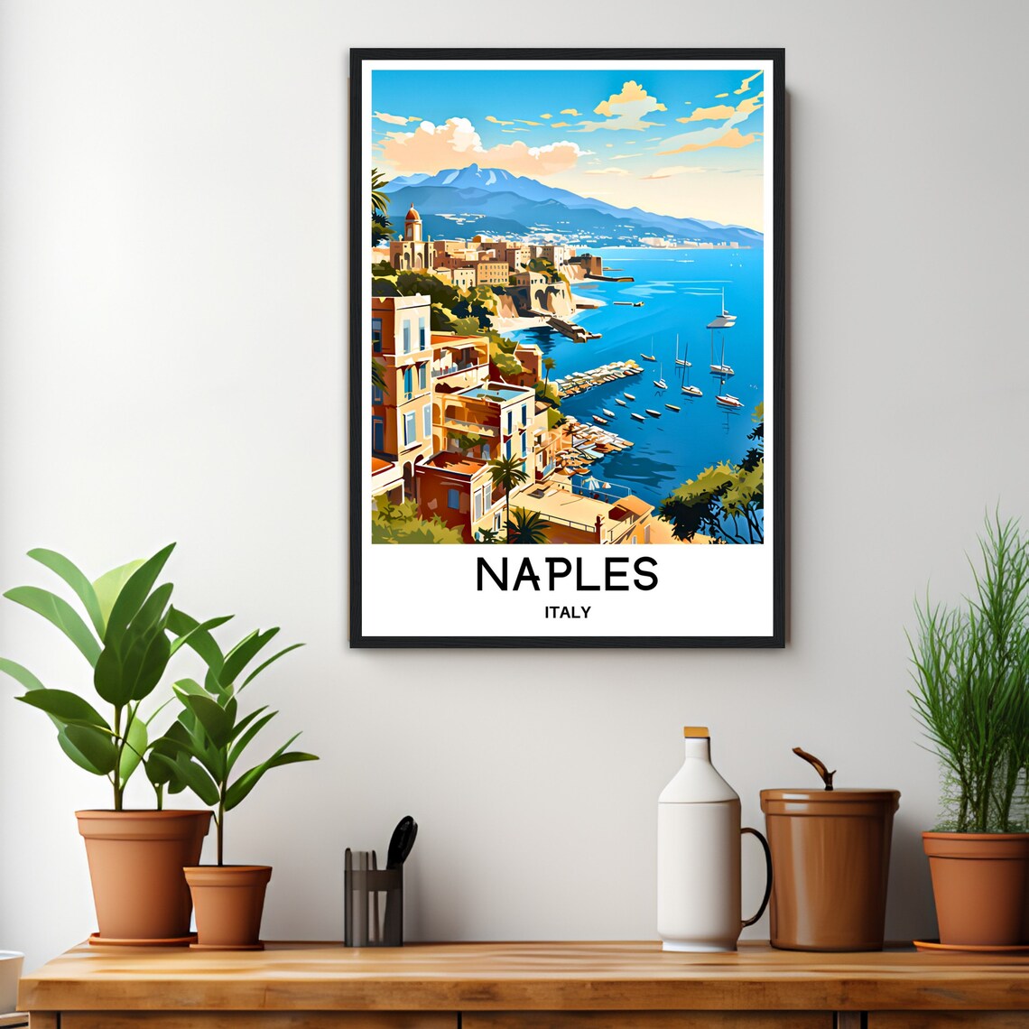 Naples Italy Harbor Boats Vesuvius Coastline Sunset Travel Poster - Image 3