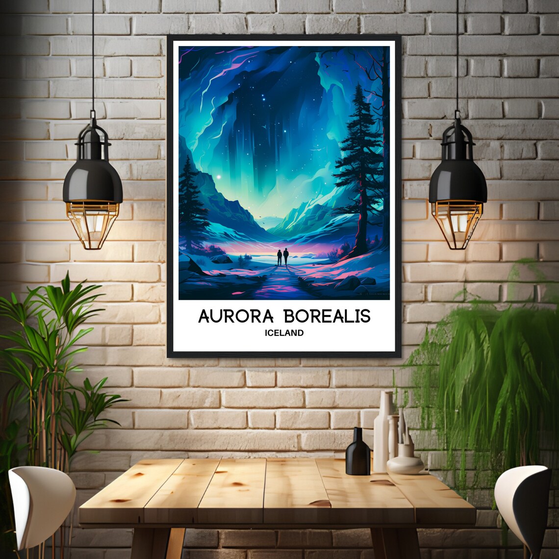 Aurora Borealis Iceland Northern Lights Snowy Valley Travel Poster - Image 3