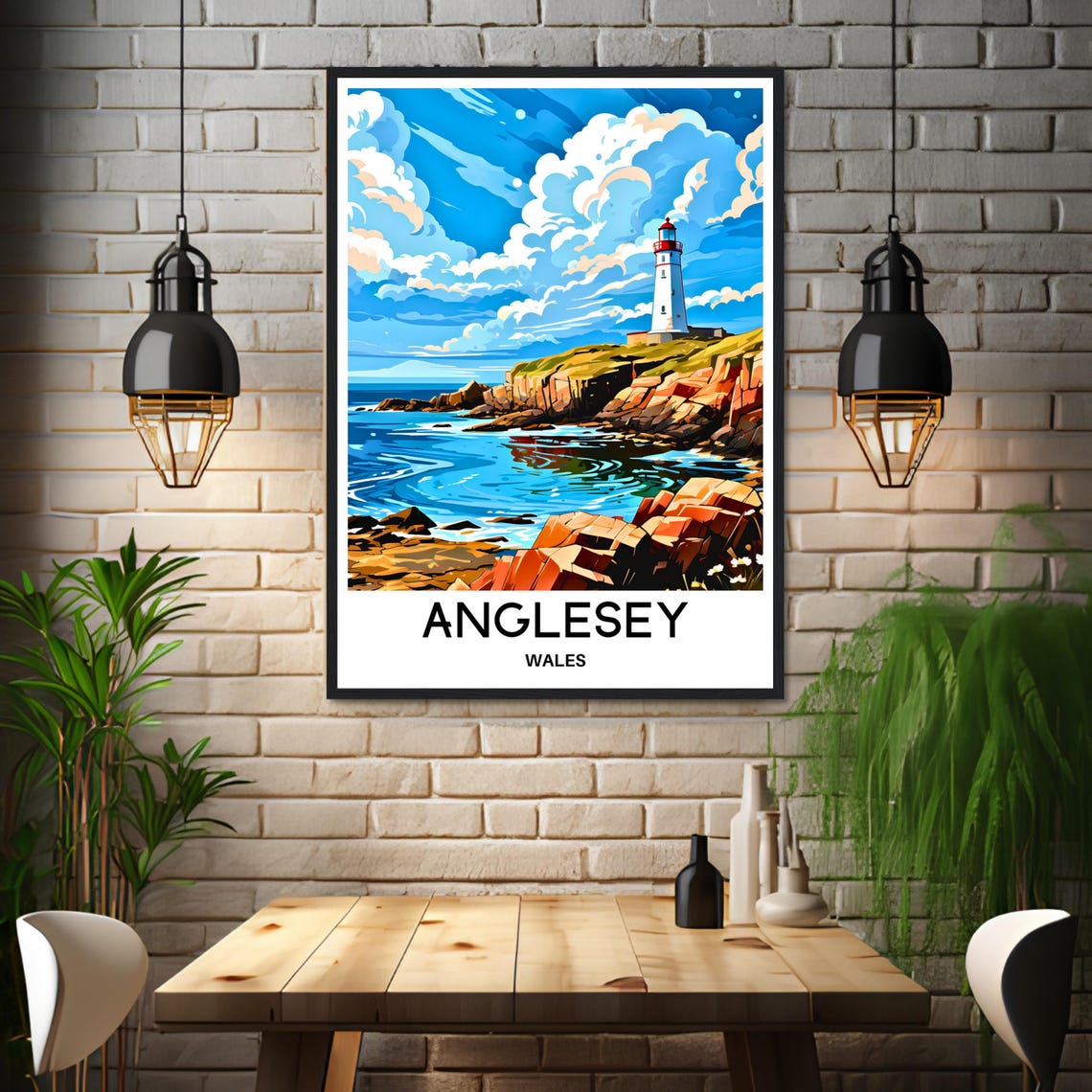 Anglesey White Lighthouse Red Rock Cliffs Wales Coast Poster - Image 3