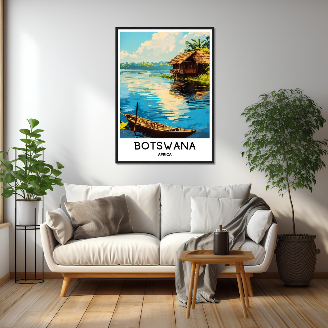 Botswana Africa Stilt Hut Canoe River Sunset Delta Scene Poster - Image 2