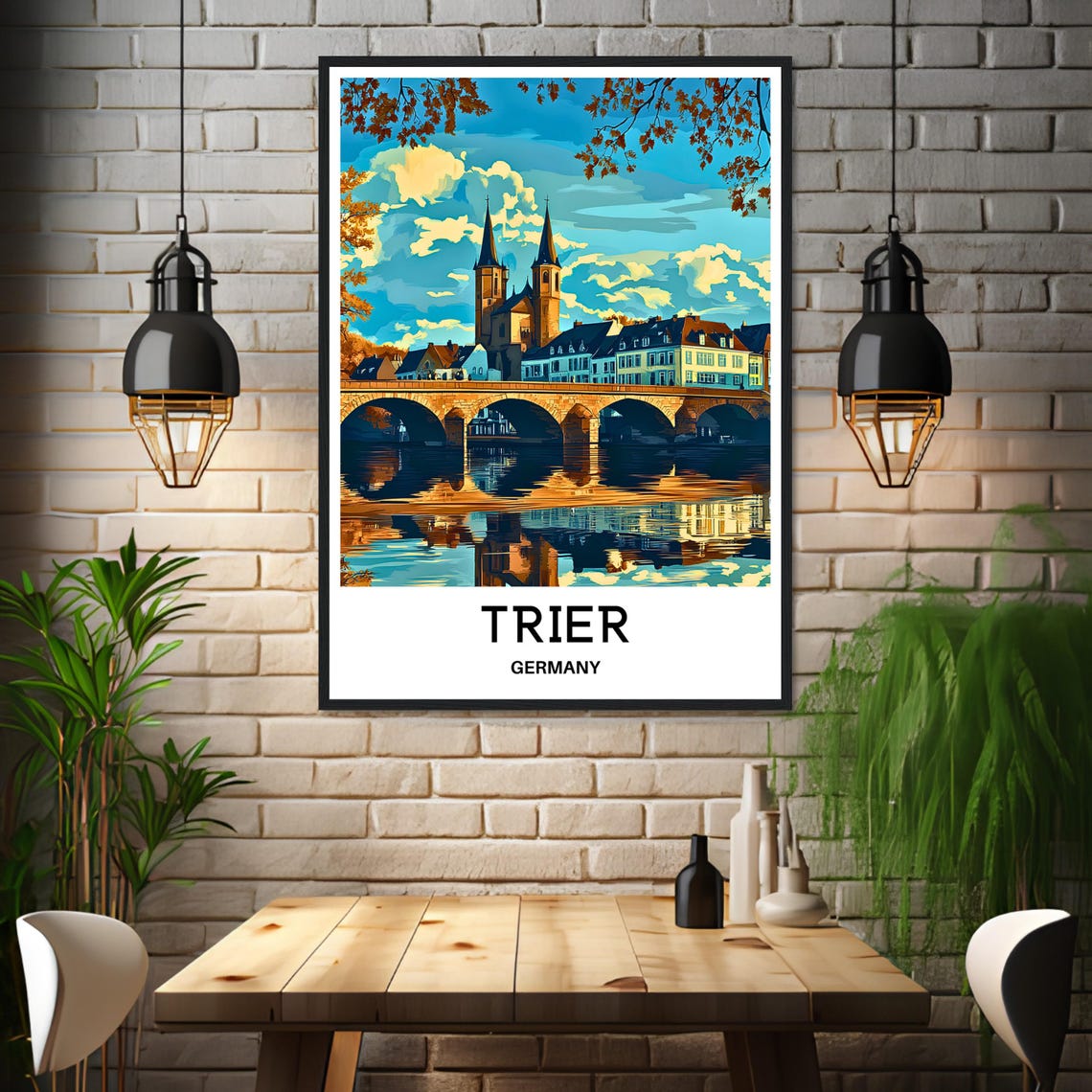 Trier Germany Old Stone Bridge Sunset Reflection Cityscape Poster - Image 3