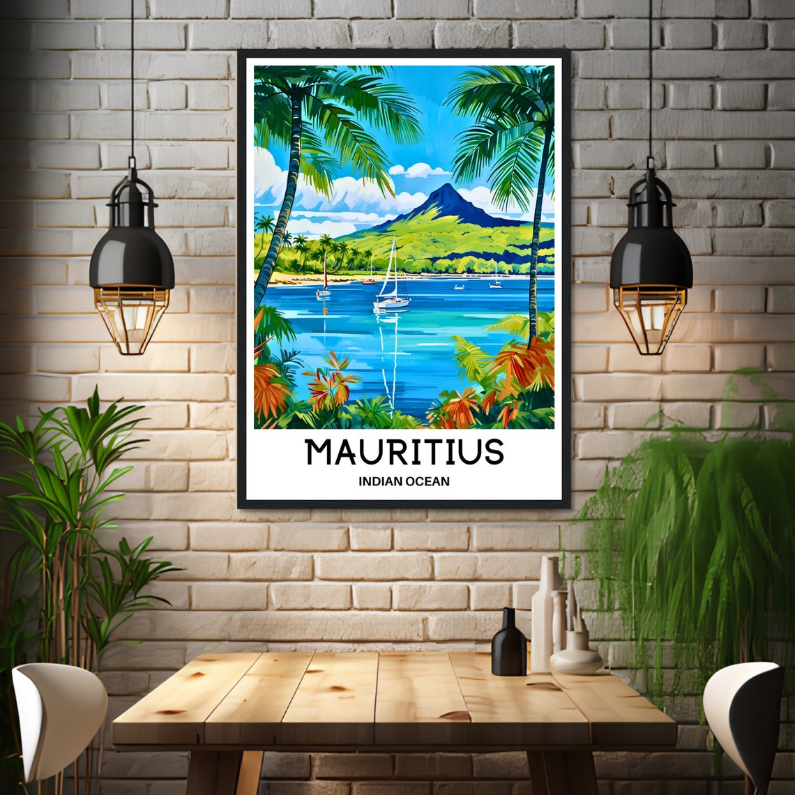 Mauritius Indian Ocean Sailboat Bay Tropical Island Travel Poster - Image 3