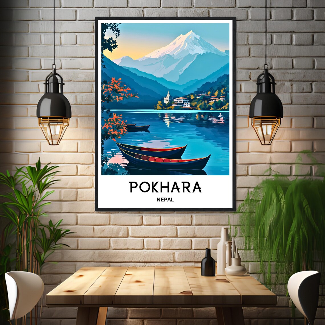 Pokhara Nepal Himalaya Lake Boats Mountain Reflection Poster - Image 3