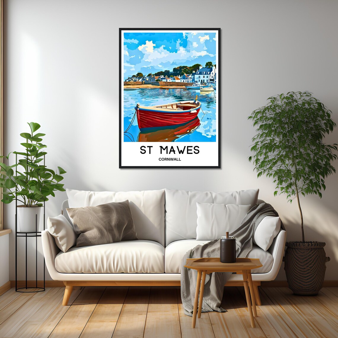 St Mawes Cornwall Red Boat Calm Harbor Village Travel Art Poster - Image 2