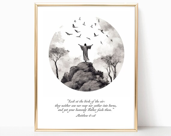 Look At The Birds Print Bible Verse Wall Art Poster Matthew 626 Gift Trendy Living Room Home Decor Framed Canvas Christian Nursery