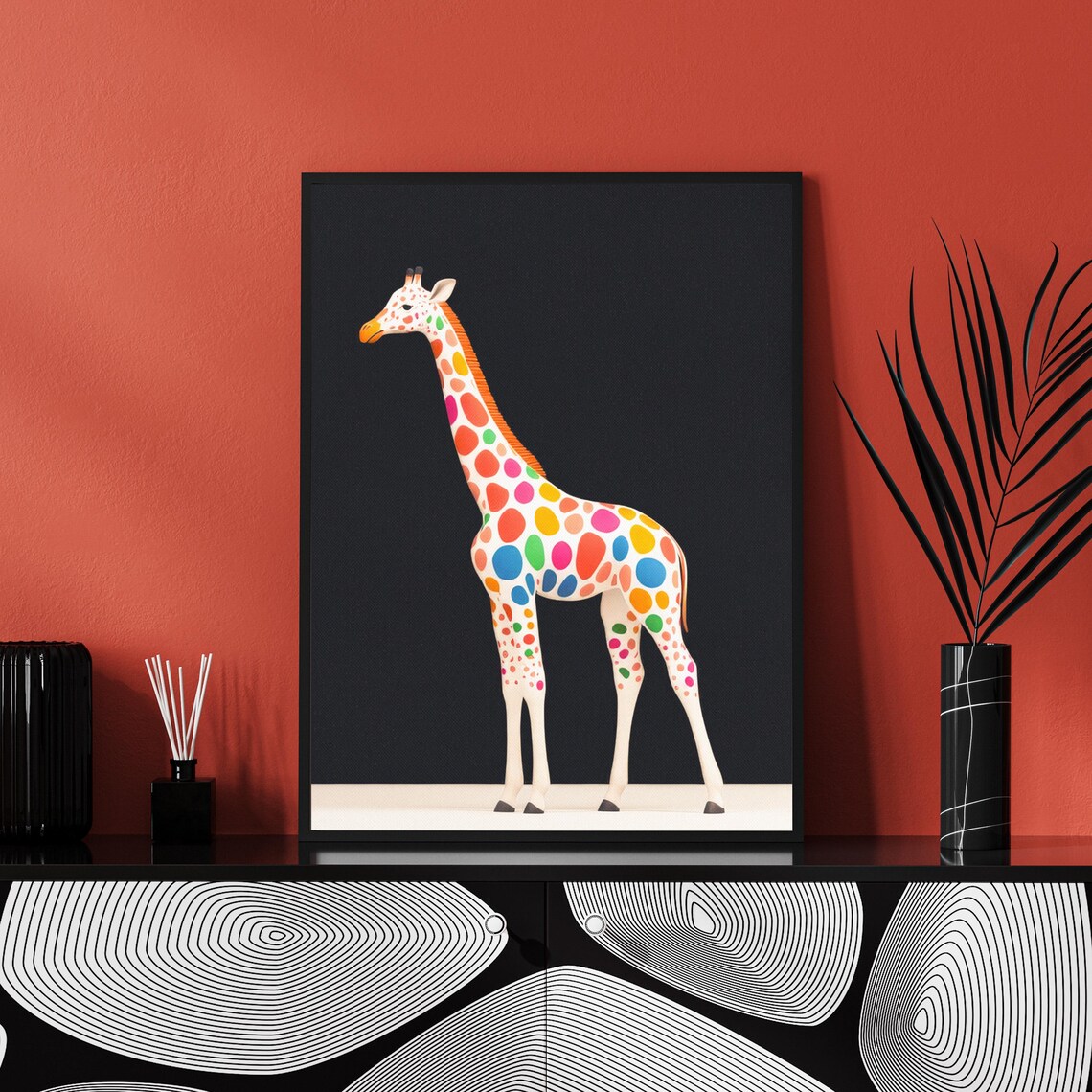 Colorful Polka Dot Giraffe Black Background Minimalist Safari Poster - Image 3