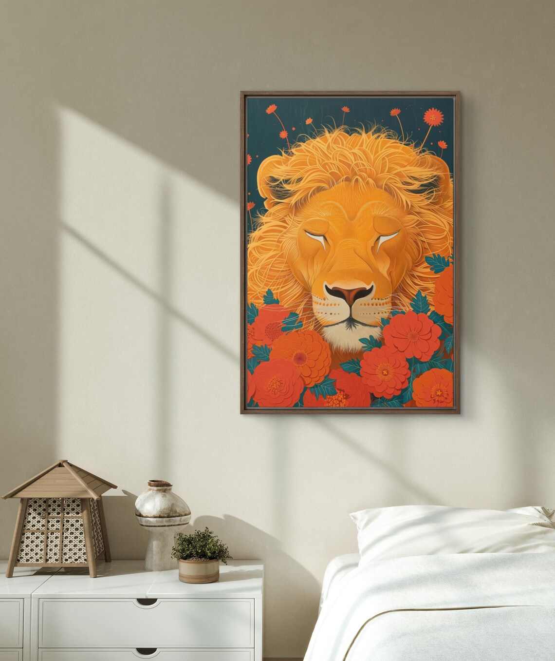 Sleeping Lion Face Surrounded by Red Flowers on Teal Background Art Print - Image 4