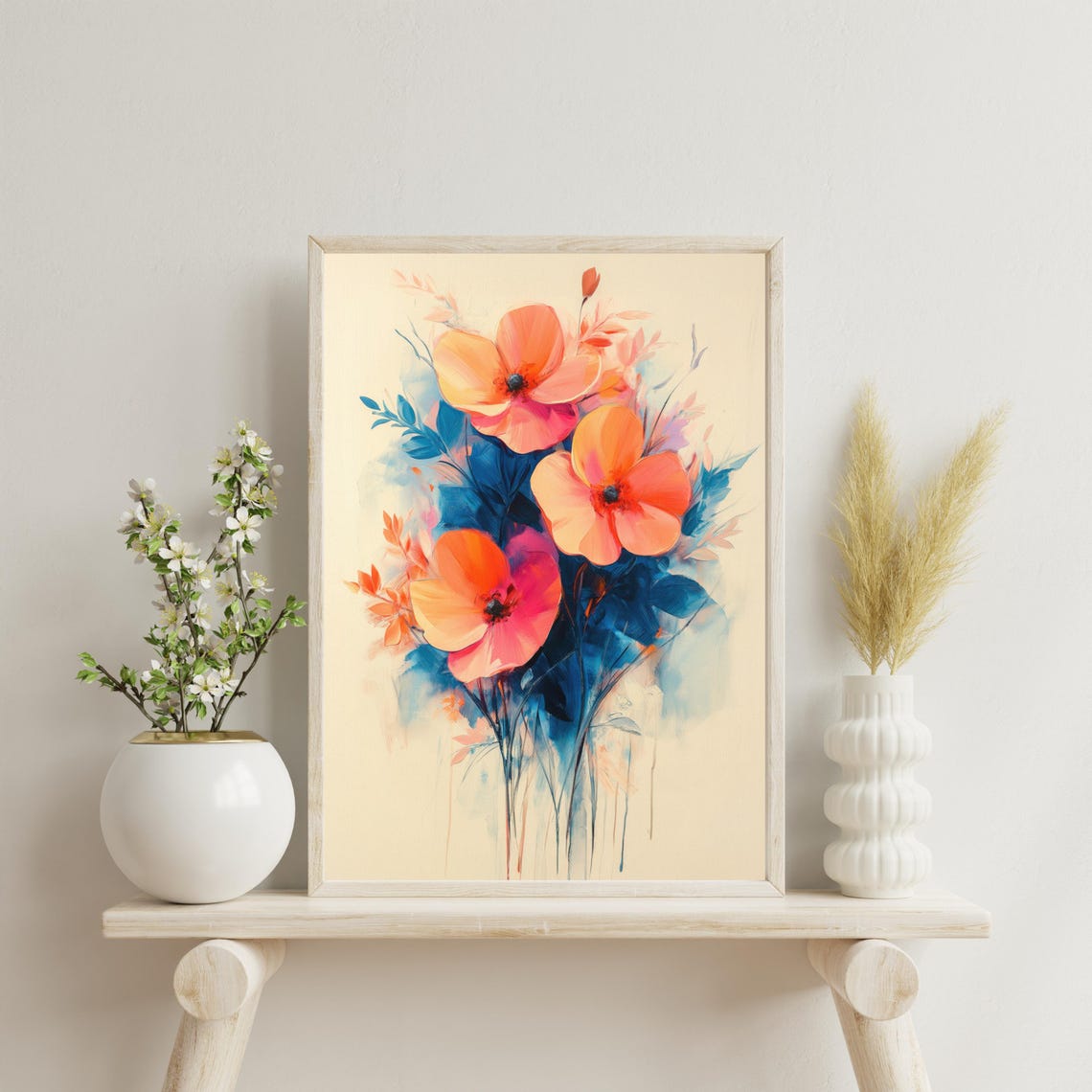 Bold Orange Poppy Flowers Blue Foliage Abstract Watercolor Poster - Image 2
