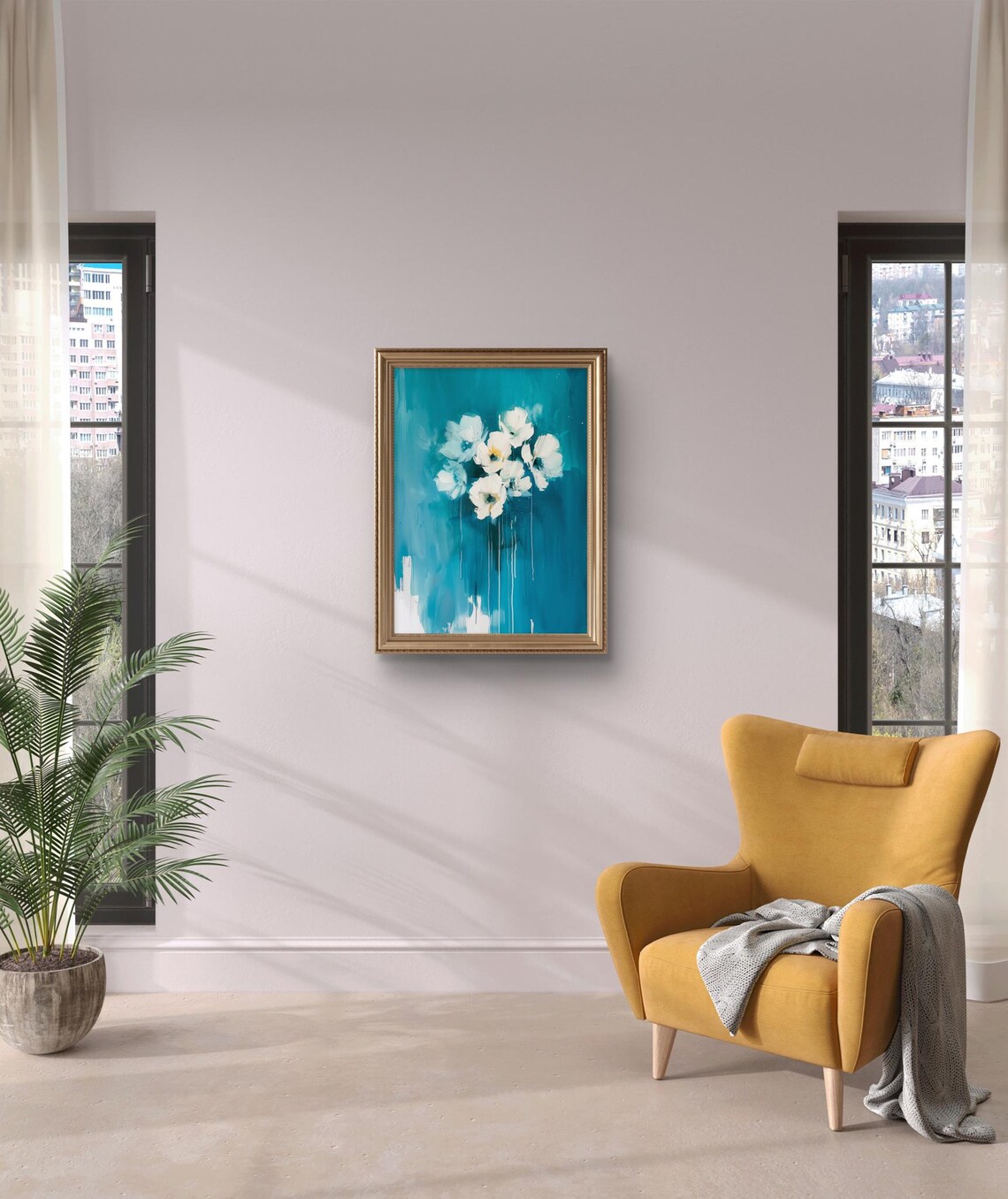 White Flowers On Teal Blue Abstract Background Elegant Floral Poster - Image 3