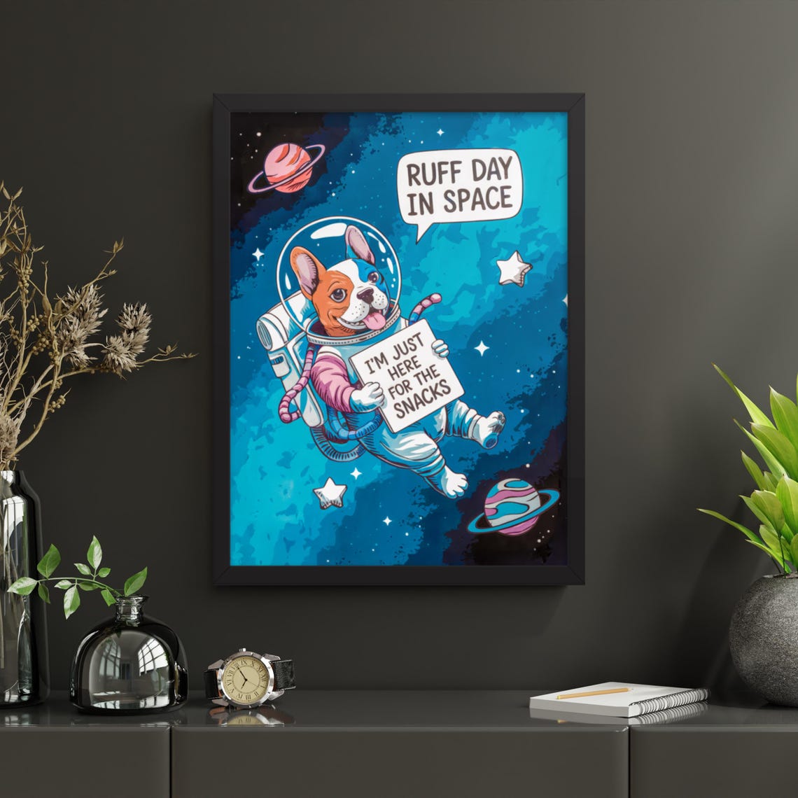 Ruff Day in Space Astronaut Dog Snacks Funny Pet Cosmic Wall Poster