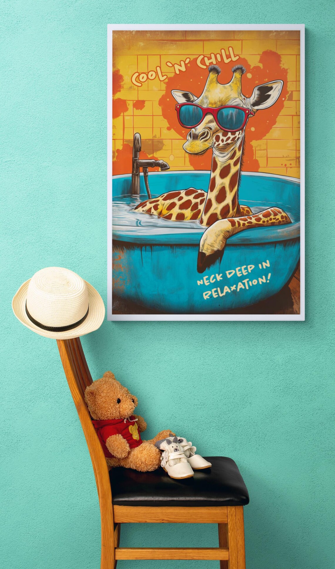 Cool Giraffe With Sunglasses Relaxing in Blue Bathtub Funny Animal Poster - Image 4