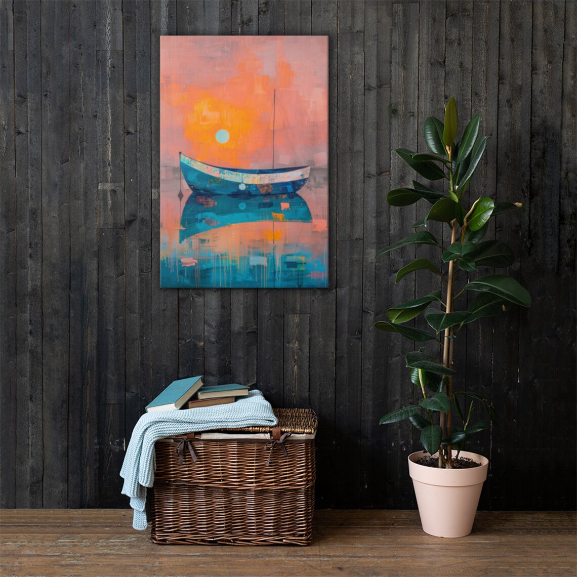 Abstract Expressionism Boat In Water Sunset Art Print - Image 3