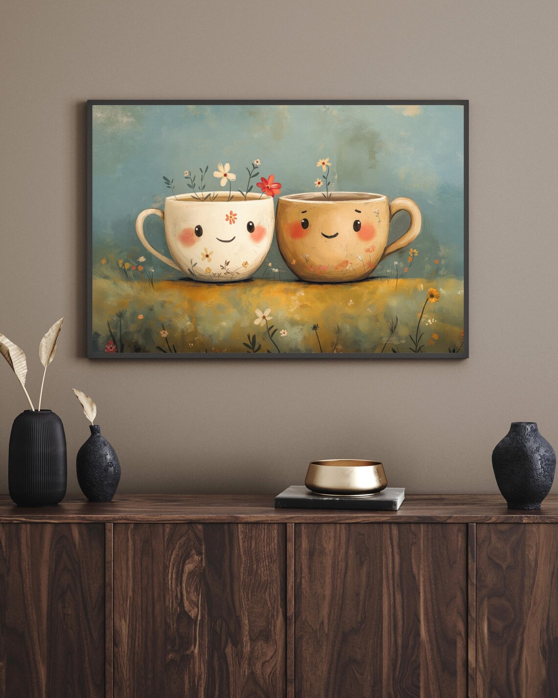 Cute Smiling Coffee Cups Flowers Folk Art Kitchen Cozy Wall Poster - Image 4