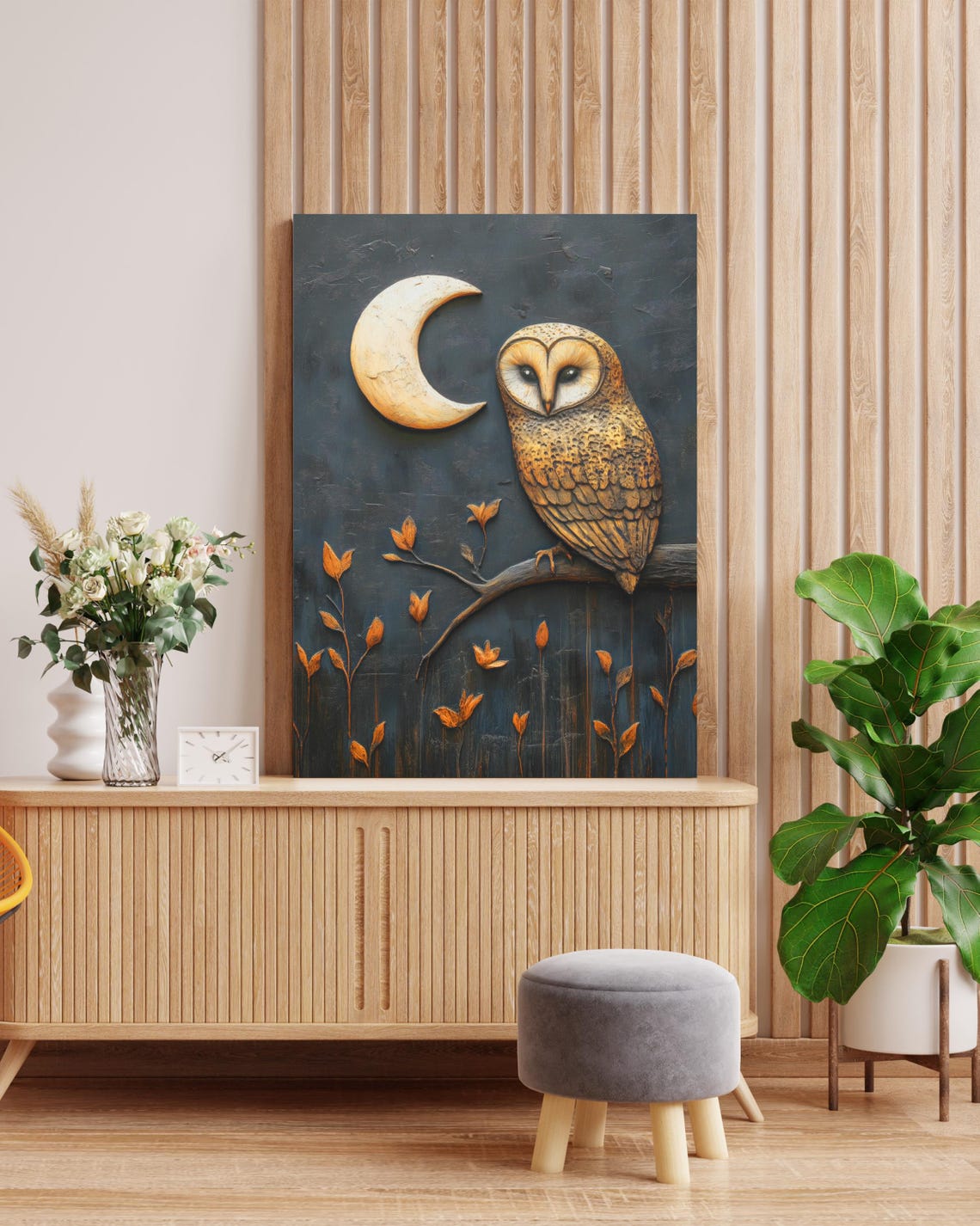 Barn Owl Under Crescent Moon Black Gold Rustic Bird Art Wall Poster