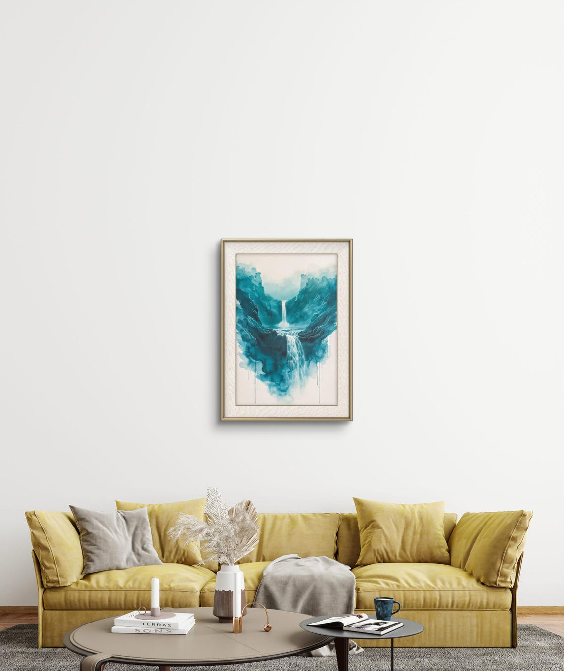 Serene Blue Waterfall Cliffs Minimalist Teal Watercolor Nature Poster - Image 2