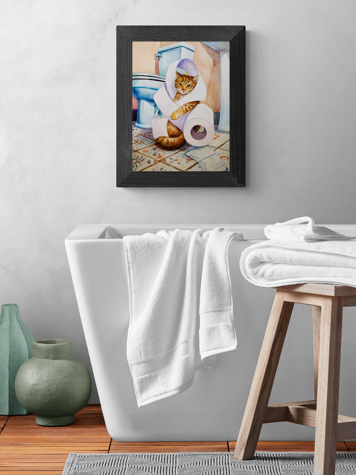 Funny Cat Tangled in Toilet Paper Bathroom Watercolor Kitty Poster - Image 2