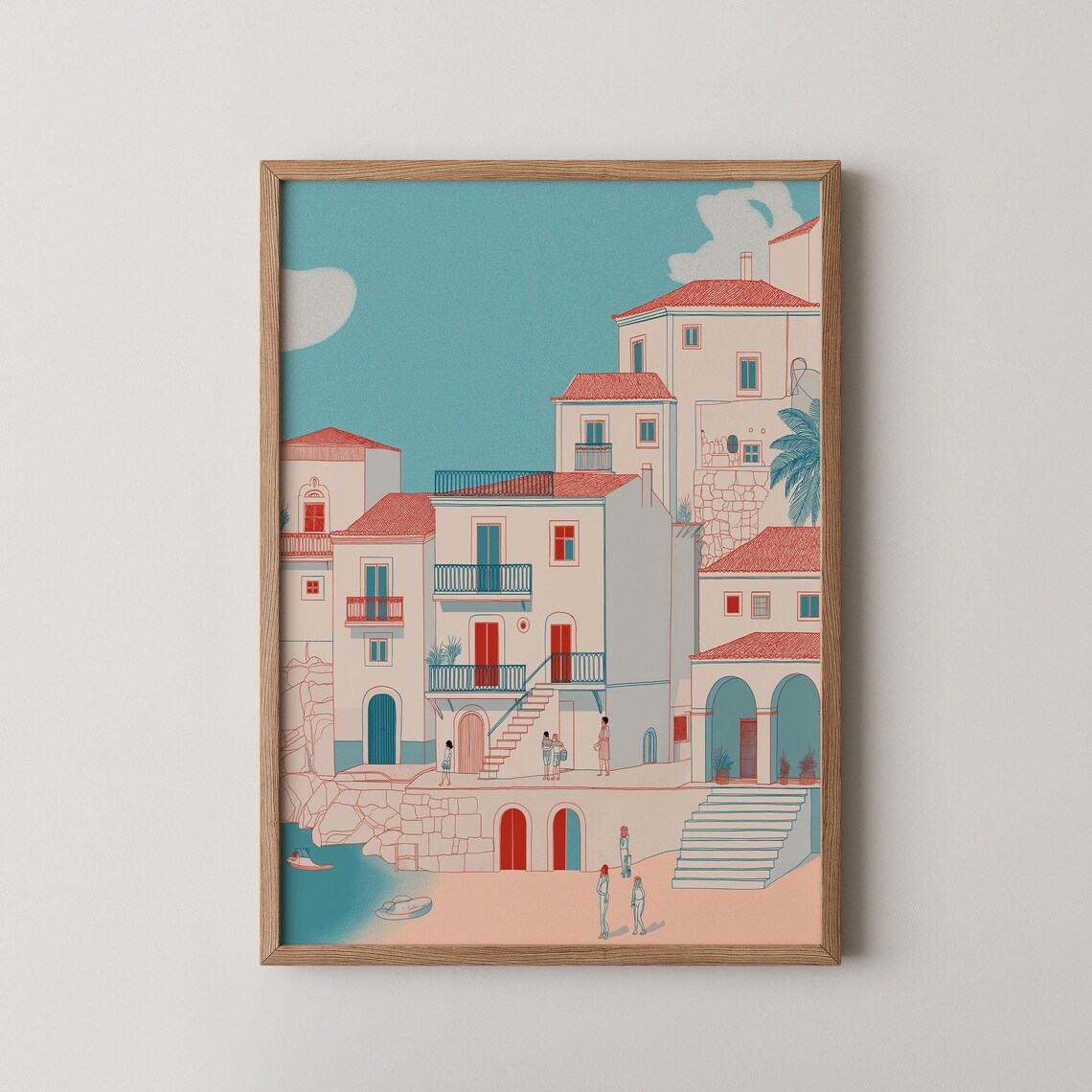 Italian Seaside Town Pastel Line Art Beach Houses Illustration Poster