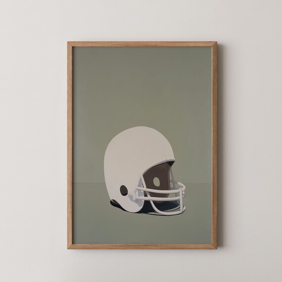 White Football Helmet Olive Green Minimalist Kids Sports Room Poster
