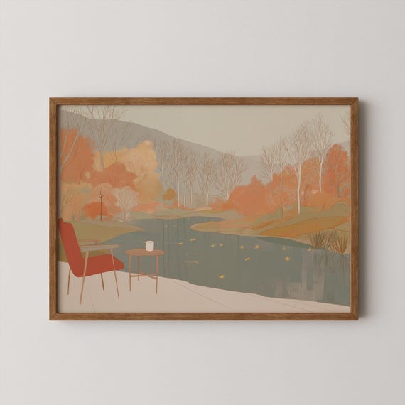 Mid Century Modern Fall Mountain Lake Art Print