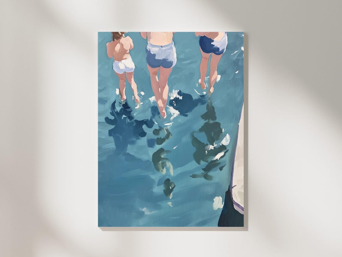 Kids Jumping Into Turquoise Water Painterly Summer Swimming Art Poster