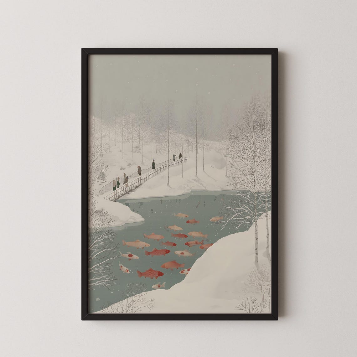 Snowy Winter Pond Art Print with Koi Fish and Wooden Bridge Scene