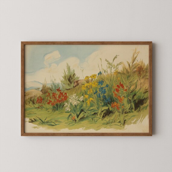 Vintage Wildflower Meadow Watercolor Red Yellow Blue Floral Art Print