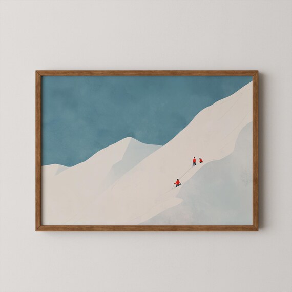 Minimalist Mountain Climbers Snow Slope Expedition Modern Art Poster