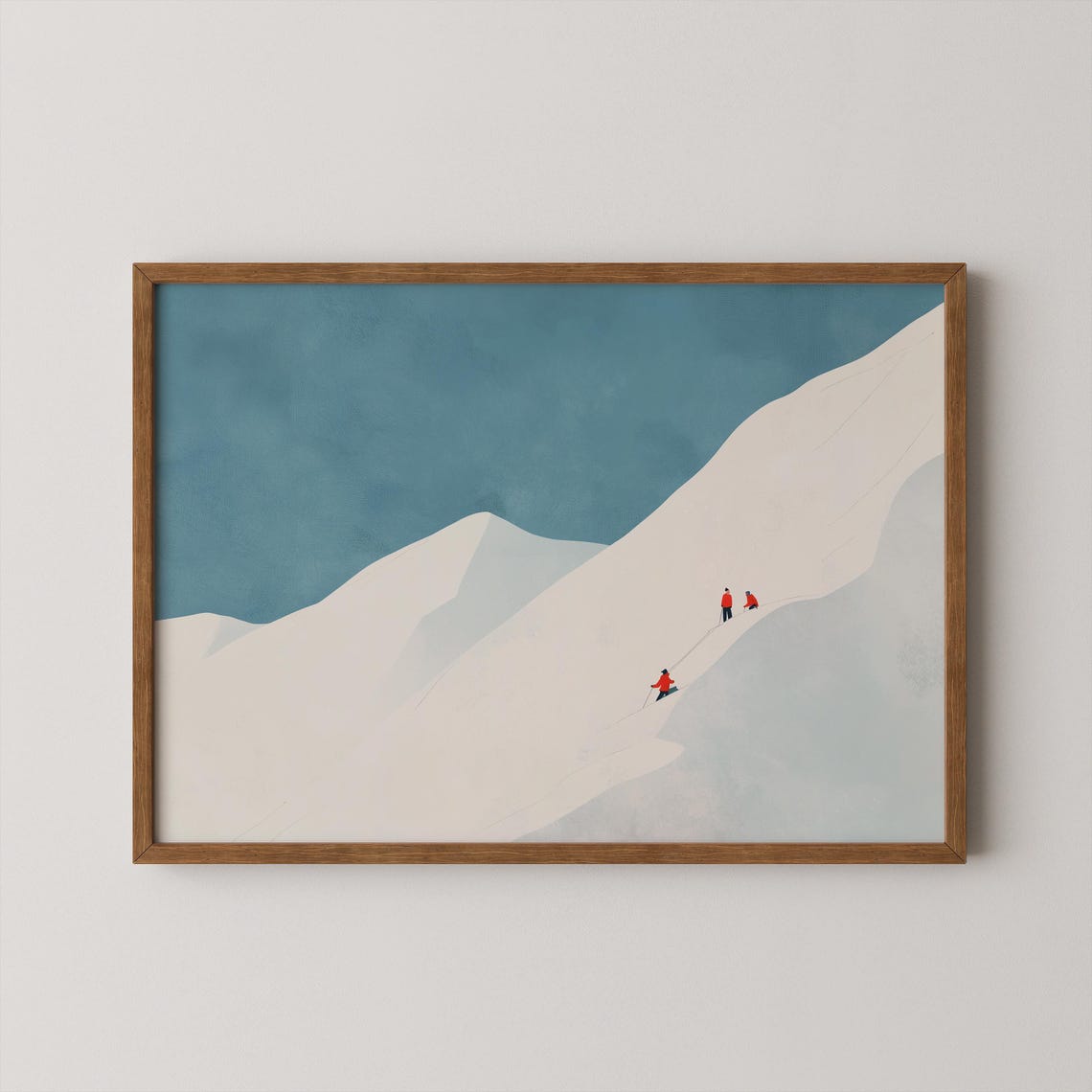 Minimalist Mountain Climbers Snow Slope Expedition Modern Art Poster