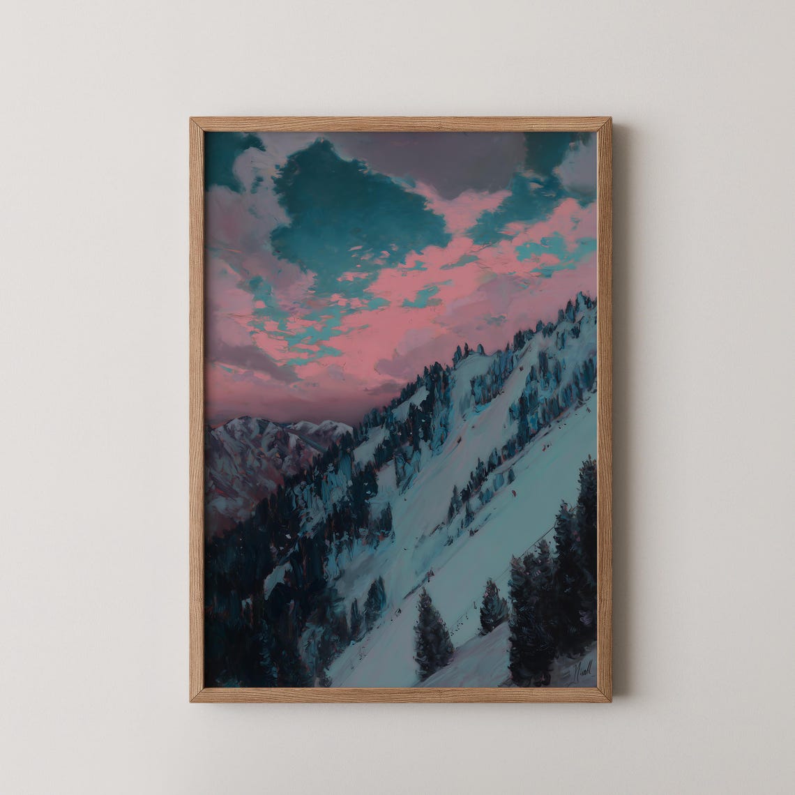 Snowy Mountain Sunset Art Print Pink Teal Sky Alpine Winter Wall Decor